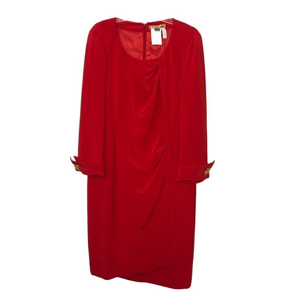 LOUIS Feraud Vintage 100% Silk Red Long Sleeve Midi Dress - Size 12